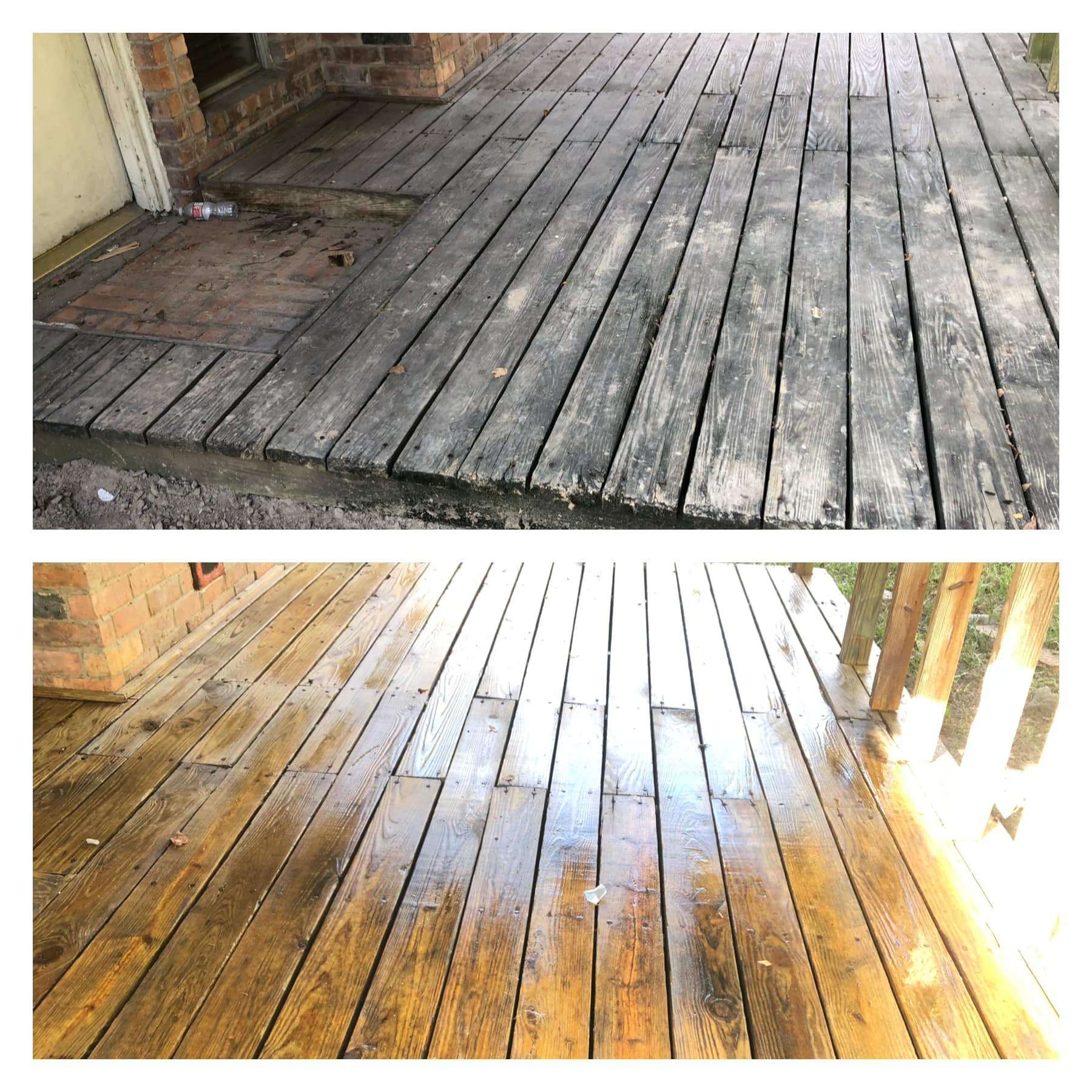 A wooden deck shown before and after a deck washing service in Ancaster Ontario