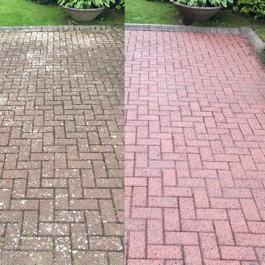 Backyard patio before and after pressure washing